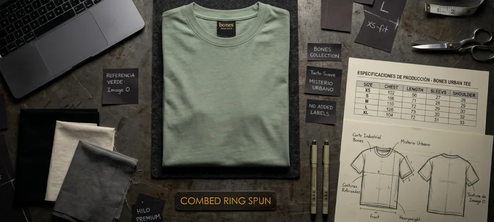 Playera Bones Fit con especificaciones de producción, telas y etiquetas
